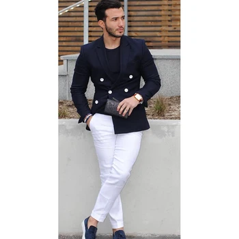 

2020 Navy Blue Double Breasted Men Suit Casual Blazer costume homme Tuxedo Custom Jacket Style men Suit 2pcs(jacket+white pants)