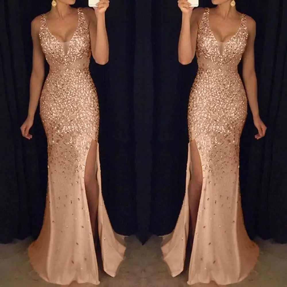 

New Fashion Spring Summer Women Sequin Prom Party Sexy Gold Evening Party High Waist V Neck Long Bodycon Split Dress For Female