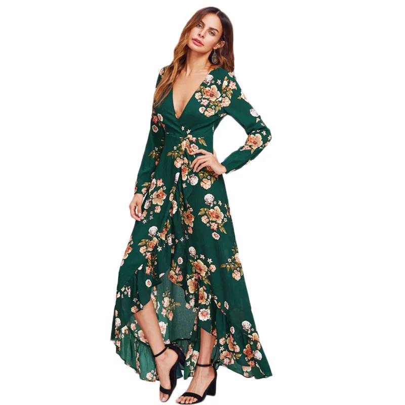 Maylina ретро Boho Цветочные оборками Макси платье с глубоким v образным вырезом