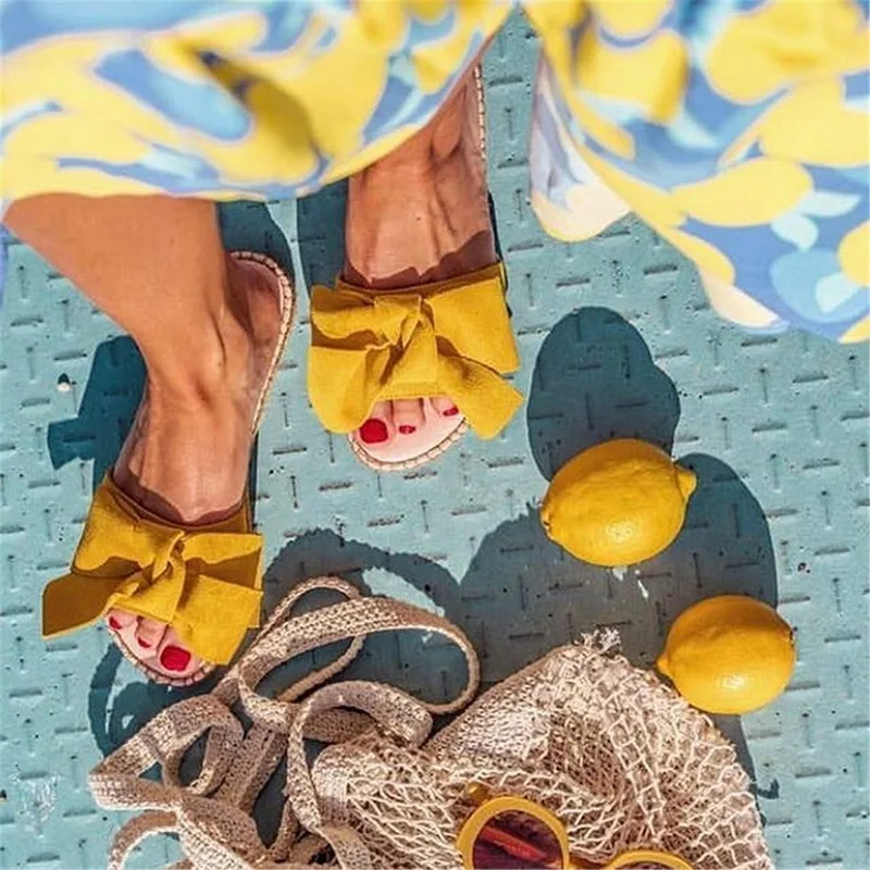 

LASPERAL Outdoor Beach Flock Bowknot Flip Flops Casual Women Slippers Summer Female Girls Bow Tie Flat Heel Open Toe Shoes