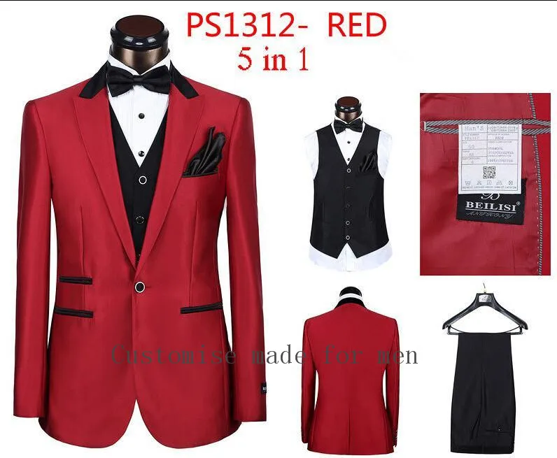 5 Pieces Red Suit Groom Tuxedos Peaked Lapel Back Vent Groomsmen Men