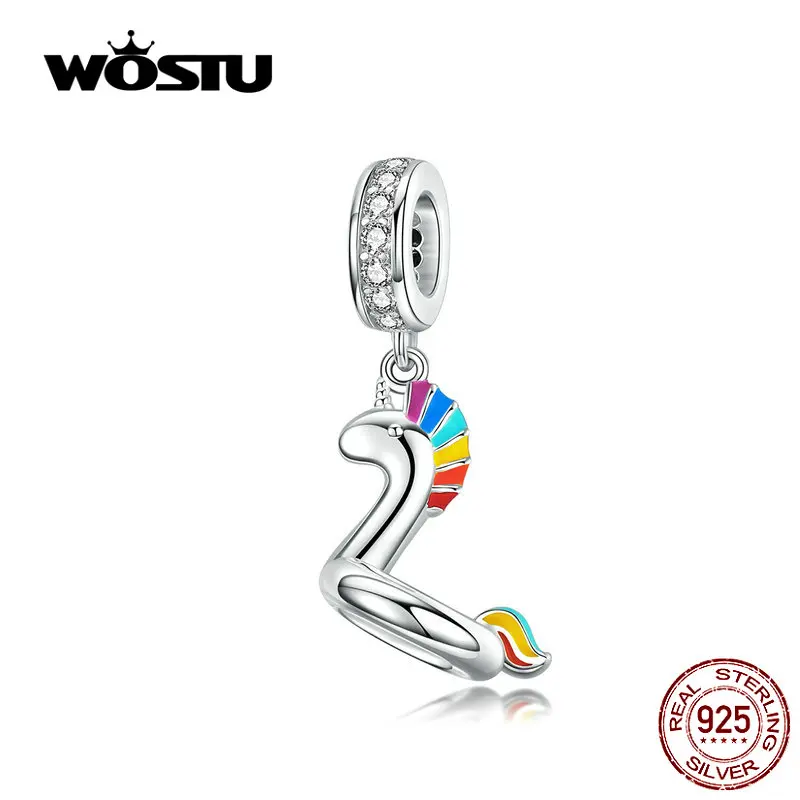 

WOSTU Colorful Unicorn Dangle Charm 925 Sterling Silver Zircon Beads Fit Original Bracelet Pendant Silver 925 Jewelry CQC1241