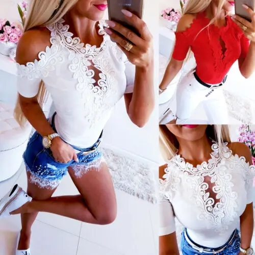 

Women Cold Shoulder Applique Floral Hollow Out Lace Shirt Tops Ladies Short Sleeve Casual Fashion Shirt Blouse