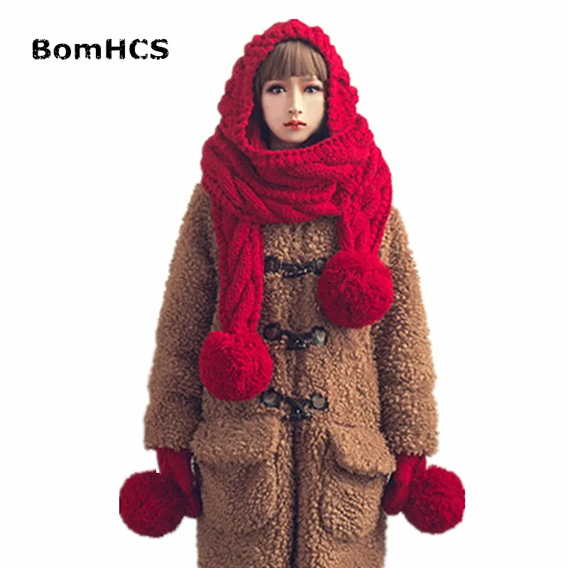 BomHCS, модная Милая женская зимняя теплая плотная ручная шапочка, шарф и перчатки, вязаная шапка, шапки