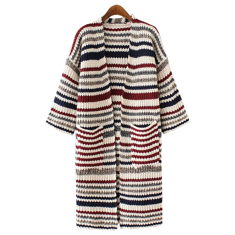 

Cardigan jacket 2016 autumn winter new sweater women hit color stripe long sweaters coat knit jumper clothing vestidos MMY343