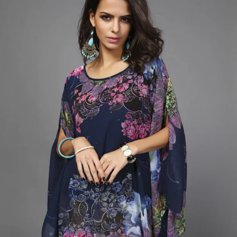 

New 2018 Fashion Bohemian Flower Print Women Dress Casual Batwing Sleeve Chiffon Vintage Summer Dress Plus Size Clothing Sale