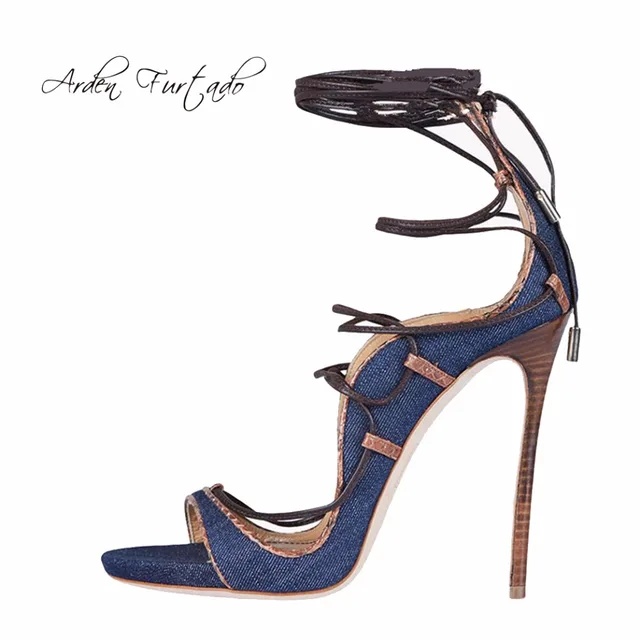 2017 summer jeans sandals girls high heels peep toe ankle strap
