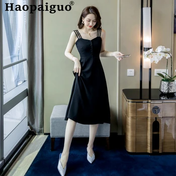 

Spaghetti Strap Black Midi Women Dress Summer Backless A-Line Casual Bodycon Dress Women Robe Longue Vestidos De Verano 2019