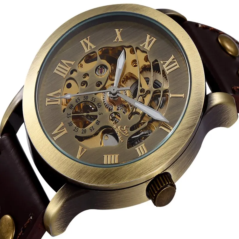 

Brand New Retro Bronze Skeleton Mechanical Watch Men's Automatic Watches Leather Sports Luxury Brand Clocks Relogio Masculino