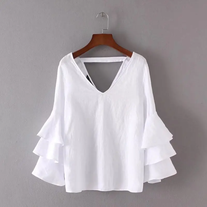 Flygo Womens Casual V-Neck Cotton Linen Ruffle Blouse Tunic Summer Short Sleeve Shirt Tops