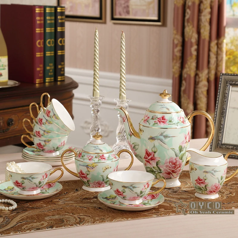 

Porcelain coffee set ultra-thin bone china flowers and birds pattern design outline in gold 15pcs home furnishing tea set pot