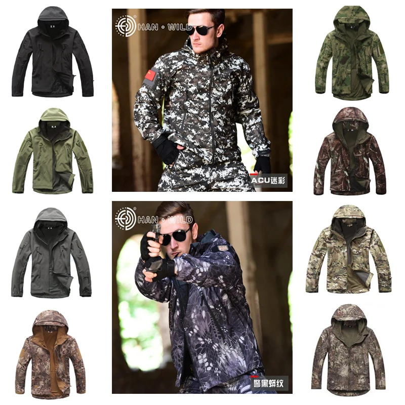 Prova de Vento ao ar Roupas de Caça v 4.0 Homens Jaqueta Softshell Tático Espreitador Jaqueta à Livre à Prova d’ Água Camuflagem