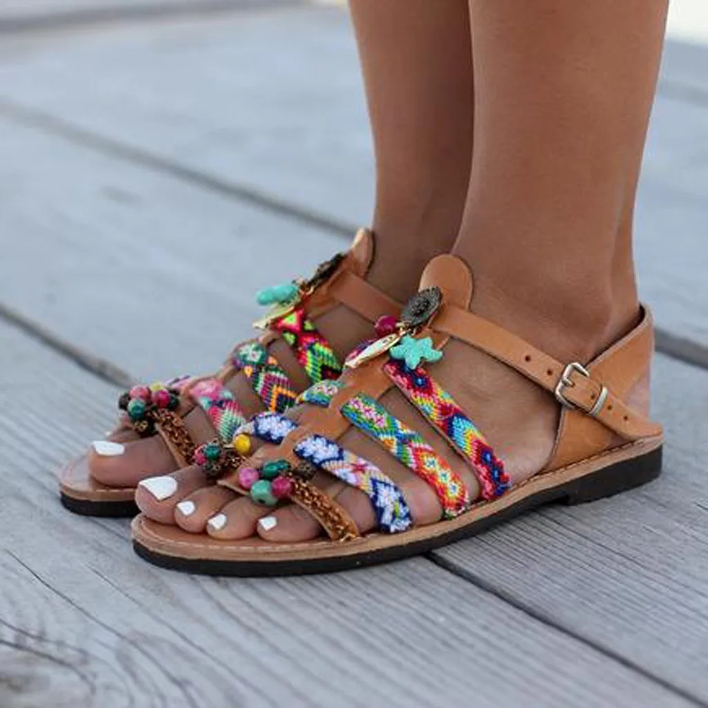 Shoes Women Sandalias Mujer Colorful Ethnic Bohemian Summer Women Sandals Gladiator Roman Shoes Flat Shoes zapatos de mujer