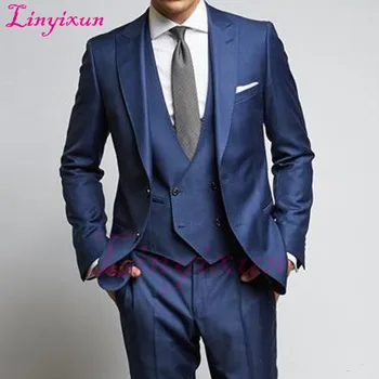 

Linyixun Navy Wedding Groomsmen Tuxedos Groom Wear 2018 Classic Style Peaked Lapel Three Piece Business Party Men Suits Jacket P