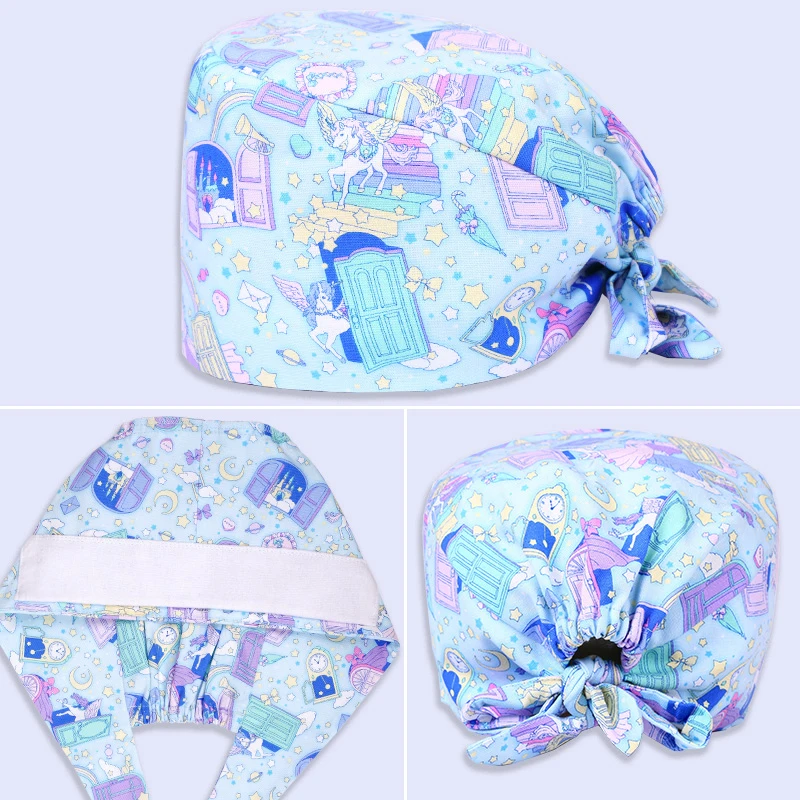 Blue Unicorn Pattern Medical Nurse Scrub Hats Surgical Caps OR Work Cap Cotton Sweatband Dentist SPA Work Skull Cap