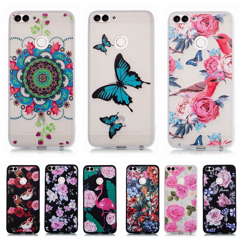 

P Smart Soft TPU Case on for Fundas Huawei P Smart Case sfor Coque Huawei Enjoy 7S Case 5.65" Silicone Butterfly Flower Cover