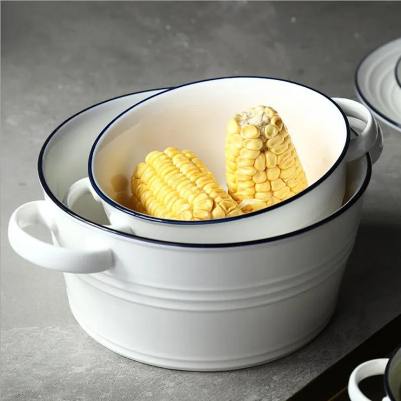 Blue Line White Ceramic Soup Bowl With Handle Nordic Western Food Container Household Pasta Dessert Plate Ceramic Tableware 1pc