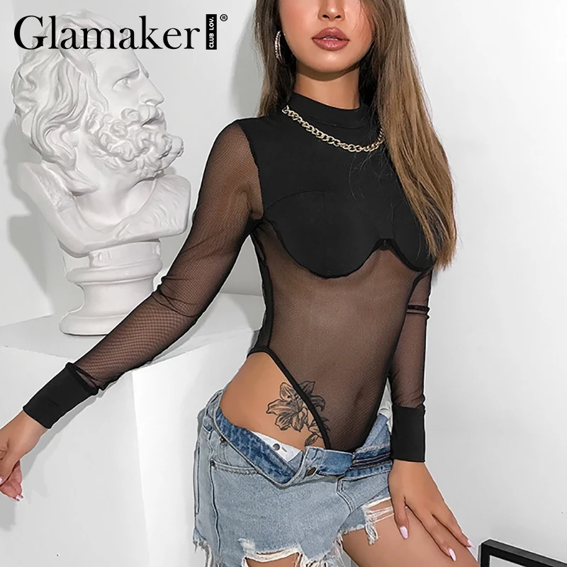 Glamaker شاش شفاف خليط مثير ارتداءها النساء السود طويلة الأكمام قصيرة بذلة السروال القصير الإناث الصيف bodycon ارتداءها