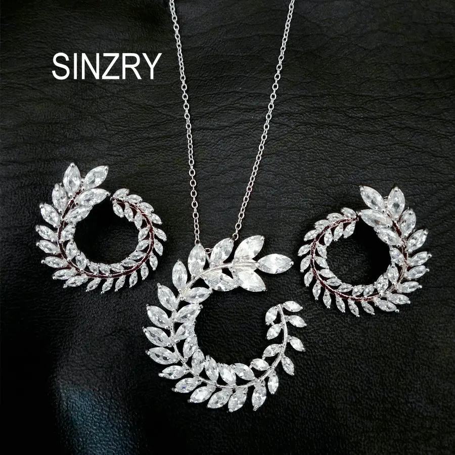 SINZRY elegant CZ jewelry set white Cut cubic zirconia leaf design brilliant pendant necklaces earrings jewelry sets for women