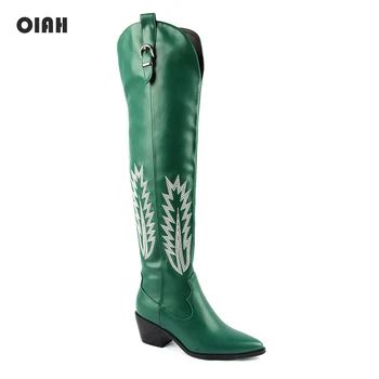 

Fashion Knee High Boots Women's Autumn Winter Boots Thick High Heels Long Boots Pointed Toe Zipper Shoes Woman Green Embroider