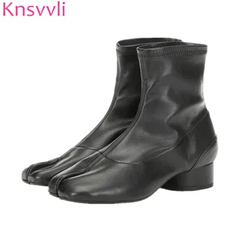 

Knsvvli New Style Black Ankle Boots For Women Low Heels Autumn Stretch Shoes Woman Split Toe Chunky Heels Short Boots 2019