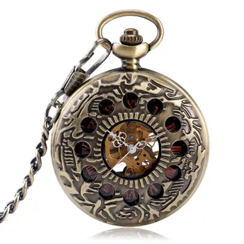 

Special Bronze Mechanical Pocket Watch Roman Number Half Hunter Fob Watches Hole Watch Men Steampunk Skeleton Relogio De Bolso