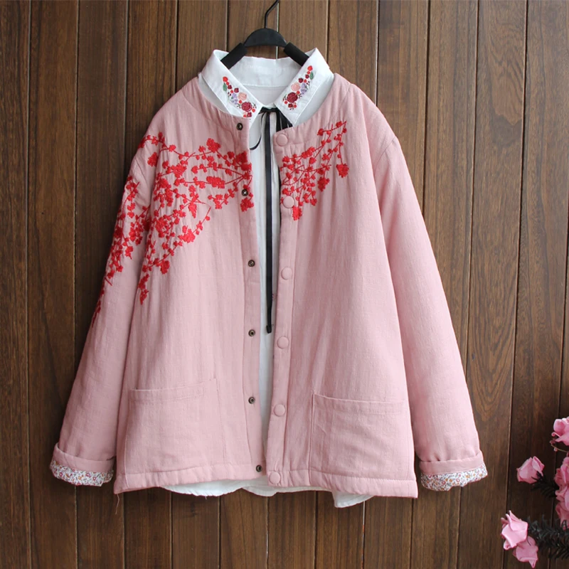 

Retro Autumn Winter Coat Thick Embroidery Flroal Pink Outerwear 2018 New National Cotton Linen Women Parkas Long Sleeve Manteau