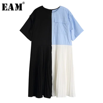 

[EAM] 2020 New Spring Summer Round Neck Short Sleeve Brief Pleated Draped Hit Color Personality Dress Women Fashion Tide JX876