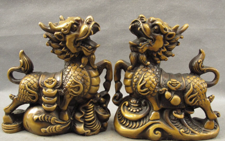 

Chinese Bronze Wealth RuYi Treasure Guardian Dragon Kylin Beast Statue Pair