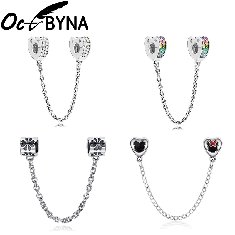 

Octbyna Silver Color Charm Mickey Minnie With Sparkling Crystal Safety Chain Clip Beads Fits Pandora Bracelet DIY Jewelry