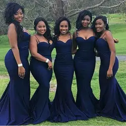 Пикантные темно-голубое платье для подружки невесты для африканских дешевые бретельках молния Назад атласа Длинные фрейлина платье 2019