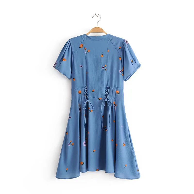 yinlinhe Floral Lace Up Summer Dress Short Sleeve Blue Slim Waist Sexy Women Beach Dress V neck Elegant Bohemian Vestidos  5
