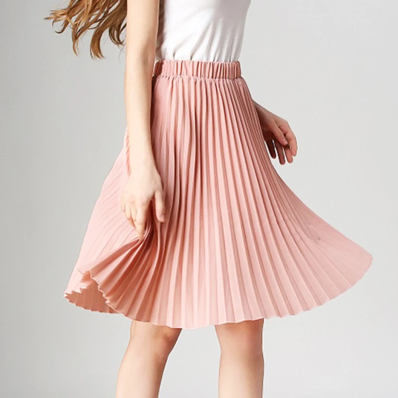 2018 new vintage high waist tutu pleated skirt summer women midi skirt female pure color middle length office chiffon skirt