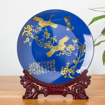 

Chinese Style Jingdezhen Royal Blue Porcelain Decoration Golden Cranes Round Plate Wooden Base Set Birthday Present