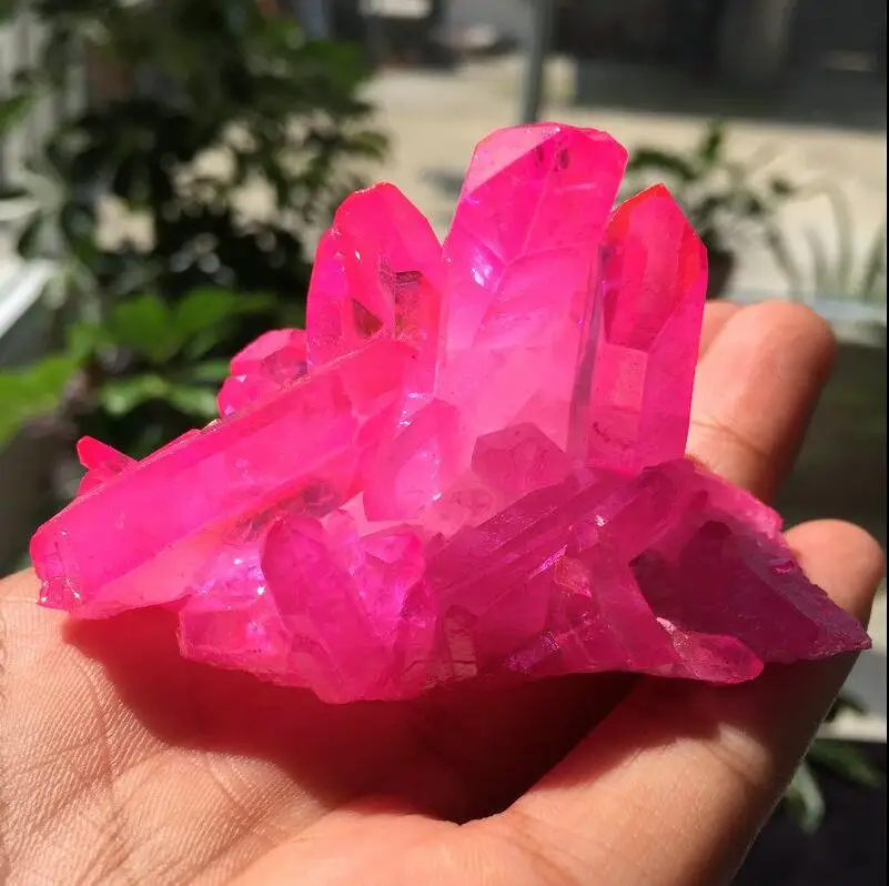 

Rare beautiful bright pink flame halo quartz crystal cluster specimen