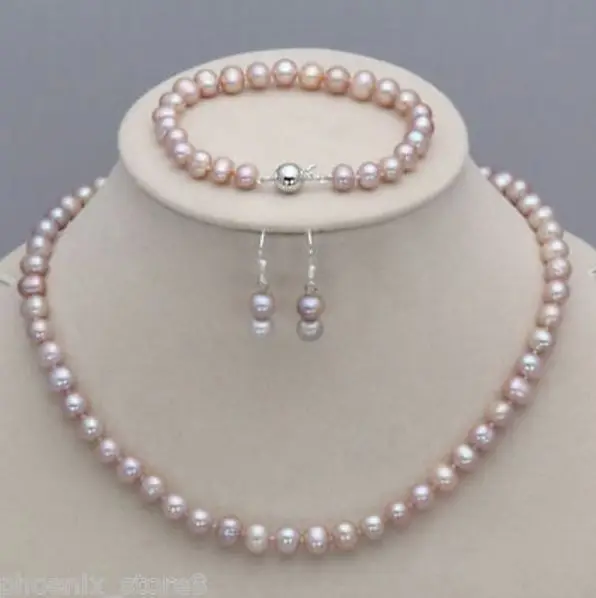 

Free shipping Genuine 7-8mm Natural Purple Freshwater Pearl Necklace Bracelet Earrings Set