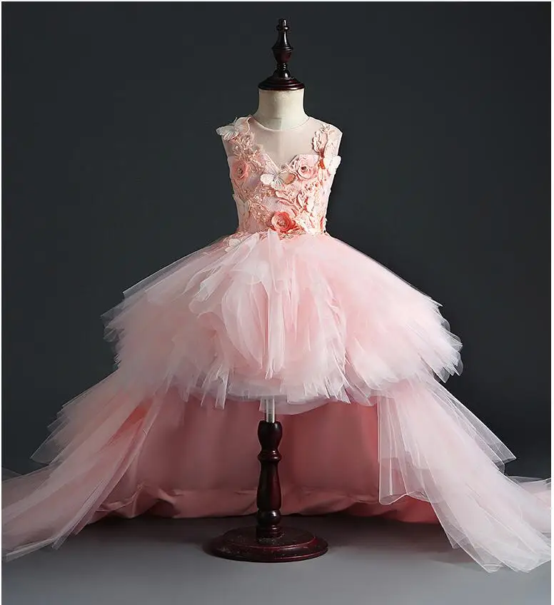 С длинным шлейфом Розовый Тюль Девушка Праздничное платье для девочки с цветочным принтом для свадьбы бисера с цветочным рисунком для девочек вечерние принцессы платья для первого причастия