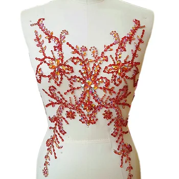 

Sumptuous Exquisite Embroidery Beaded Sequin Red AB Sew on Rhinestones Applique Manual Collar Waist Costume Fine Motif 28x49cm