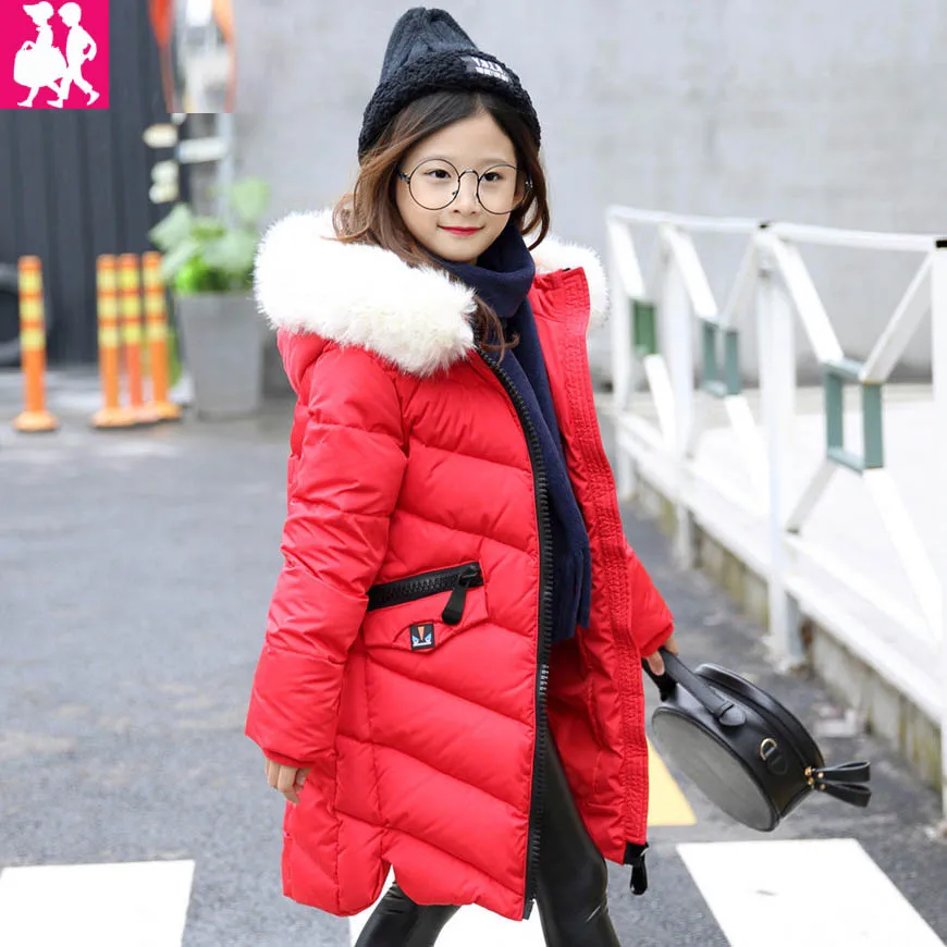 

Baby girl clothes warmer duck down children's winter jackets thick faux fur hooded winter jacket for girls horn button outwaer