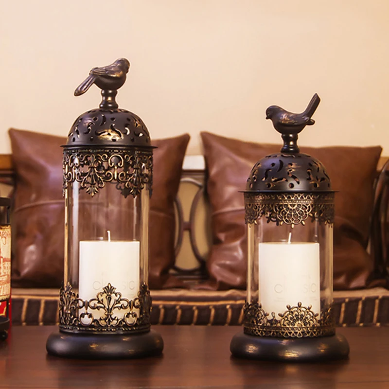 European Morocco Accents Black Gold Iron Glass Candle Lantern Set with Bird Lid Cover European Morocco Accents Black Gold Iron Glass Candle Lantern Set with Bird Lid Cover