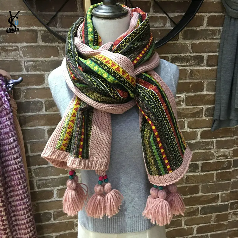 

Big Pompom Tassel Winter Scarf Wrap Retro Bohemia Embroidery Knitted Scarf Poncho Beads Thicken Crochet Female Scarf Shawl YG902