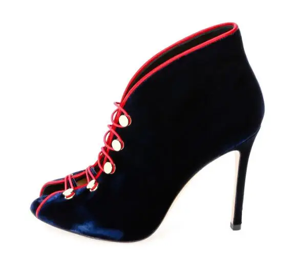 

Amazing peep toe mixed-colors flock high heel ankle boots for woman Ladies vintage open toe super high thin heel shoesHigh heels