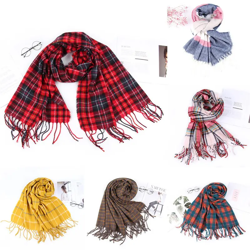  Women Ladies Plaid Scarf Tassel Wrap Shawls Headband Soft Shawl Long women's scarves handkerchief h