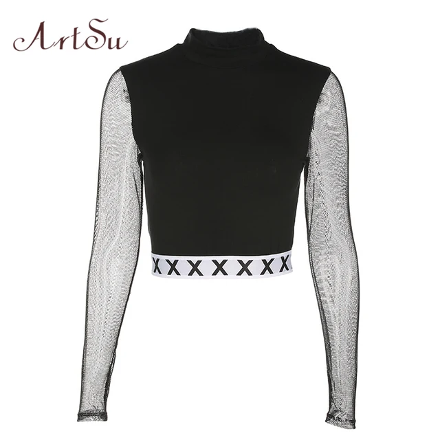 ArtSu Fashion Autumn Mesh Top Long Sleeve Crop Tops Turtleneck Punk Kpop T shirt Women Sexy Black Short T-shirt ASTS20216