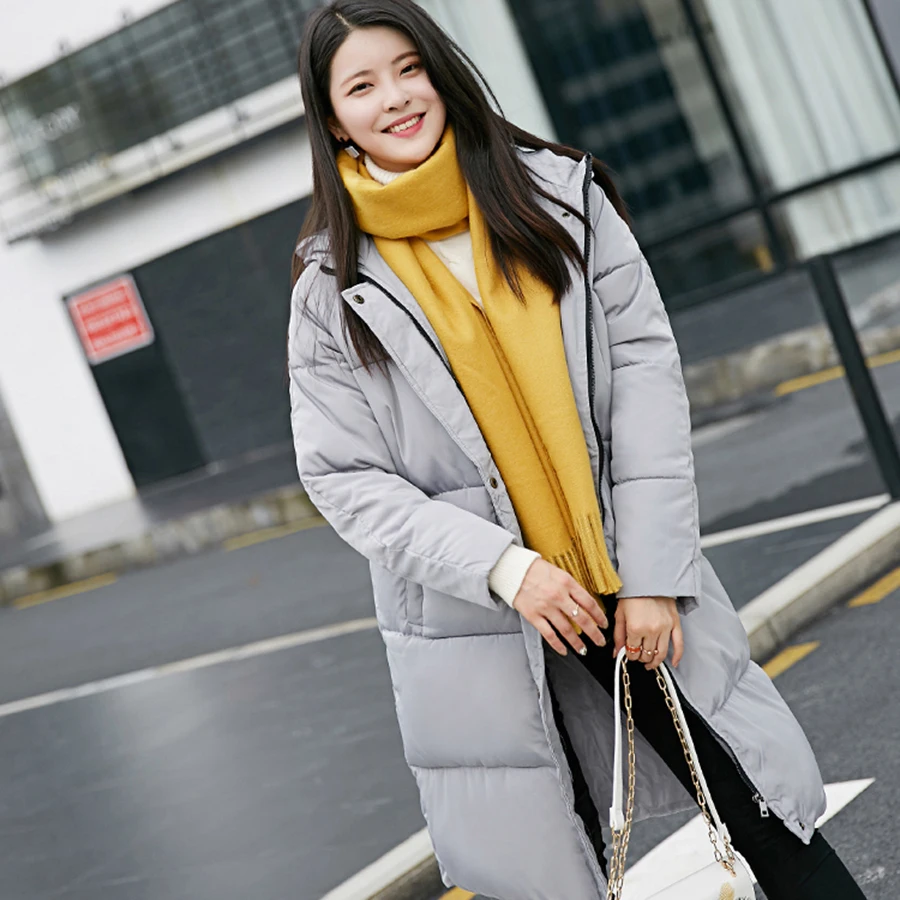 Grey Long Loose Hood Thick Cotton Parka Womens Jackets Coats Quilt Long