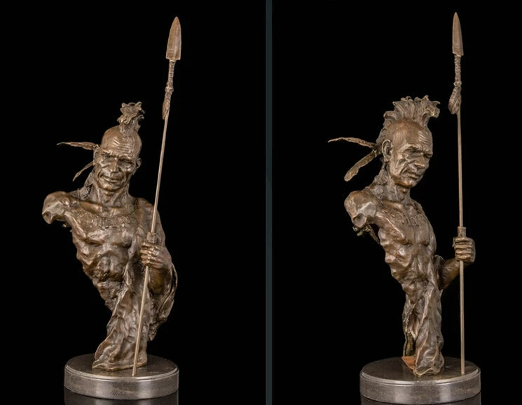 

Art Deco Sculpture Indian Soldier Warrior Hold Spear Chief Bust Bronze Statue R0713