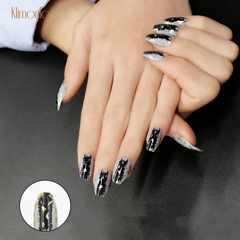 24 шт черные блестящие накладные ногти форма гроба полное покрытие советы для УФ-гель для ногтей накладные ногти с клей для нейл-арта французский дизайн