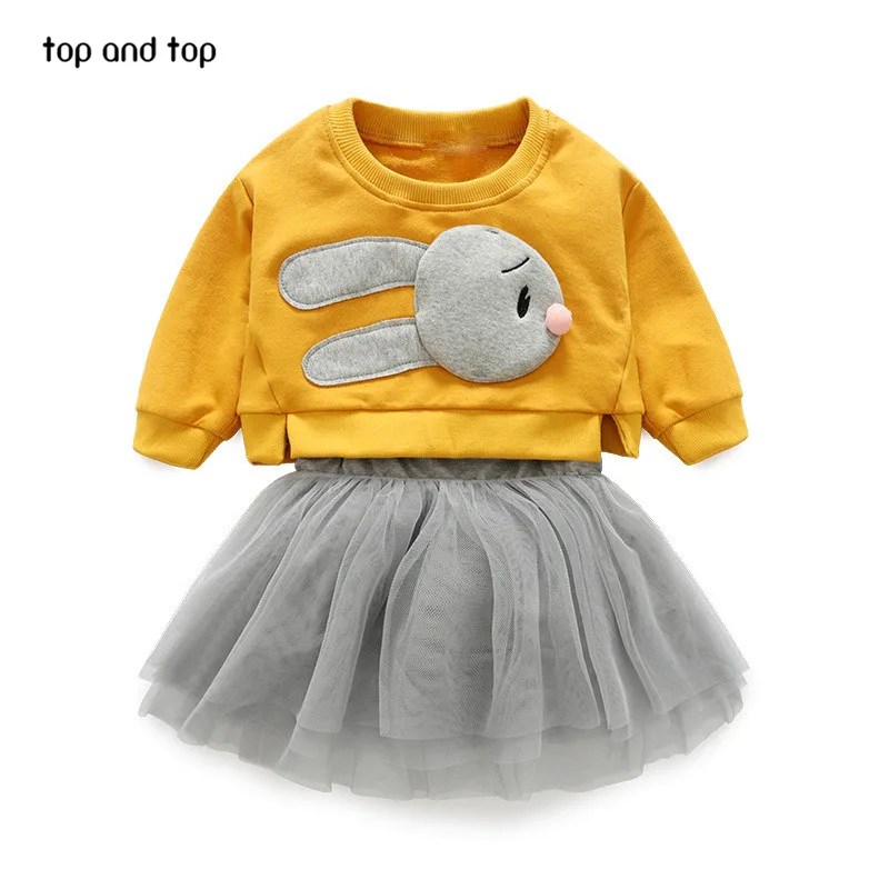 Топ и топ, детская одежда для девочек комплекты одежды с кроликом футболка+ жилет кружевные платья 2 шт./компл. модные Одежда для девочек платье комплекты одежды