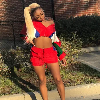 

Sexy 2 Piece Sweatsuit Color Block Outfit Turn Down Collar Long Sleeve Crop Top And Short Plus Size Matching Set