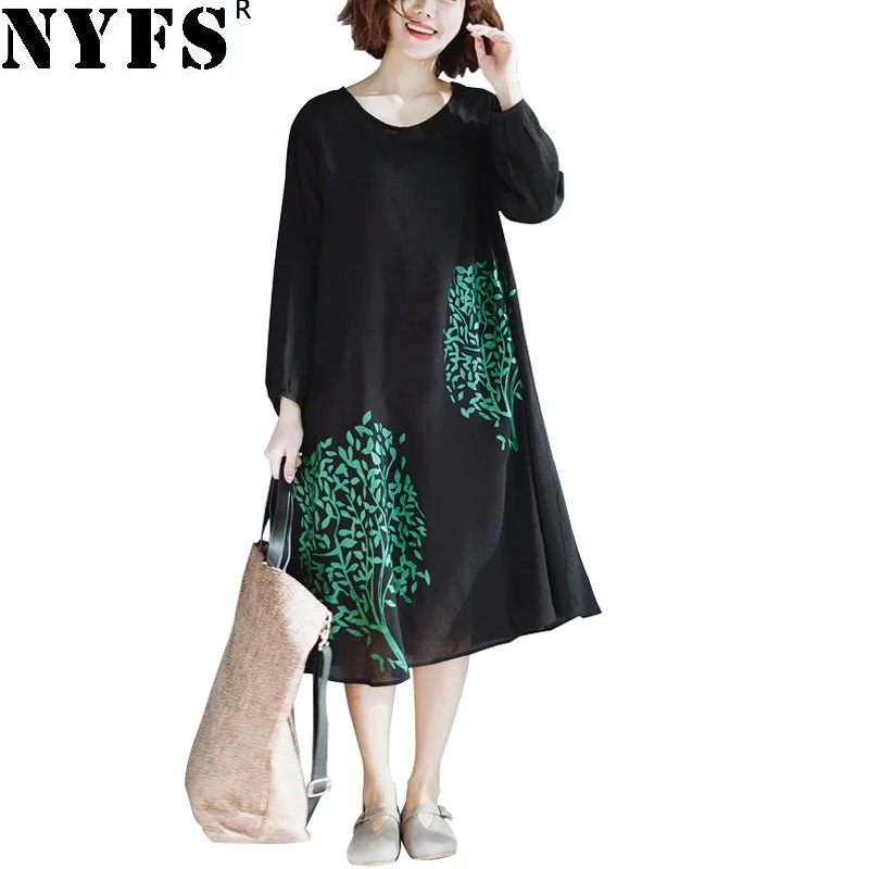 

NYFS 2019 New Spring Autumn dress Loose Cotton Linen Vintage Small leaf printing Printing Women long Dress Vestidos Robe Elbise